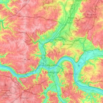 Topografische kaart Cincinnati, hoogte, reliëf