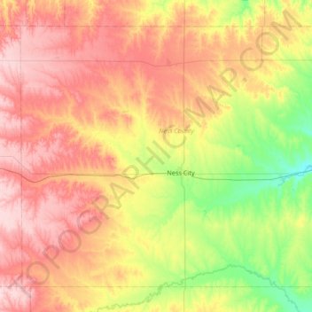 Topografische kaart Ness County, hoogte, reliëf