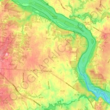 Topografische kaart Great Falls, hoogte, reliëf