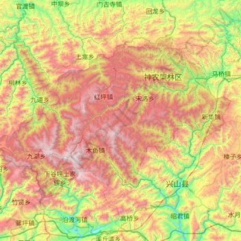 Topografische kaart Shennongjia, hoogte, reliëf