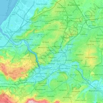 Topografische kaart Bristol, hoogte, reliëf