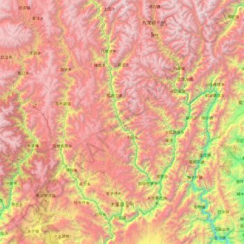 Topografische kaart Muli Tibetan Autonomous County, hoogte, reliëf