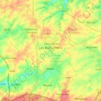 Topografische kaart Les Bons Villers, hoogte, reliëf