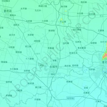 Topografische kaart Yongcheng City, hoogte, reliëf
