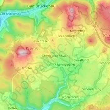 Topografische kaart Oberleichtersbach, hoogte, reliëf