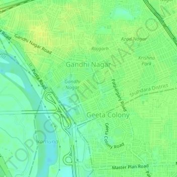 Topografische kaart Gandhi Nagar, hoogte, reliëf
