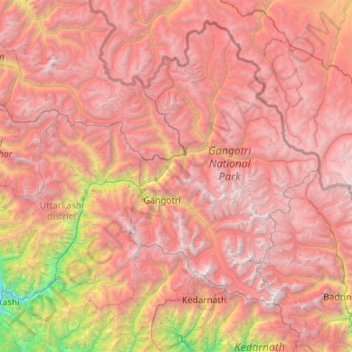 Topografische kaart Bhatwari, hoogte, reliëf