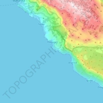Topografische kaart Općina Podgora, hoogte, reliëf