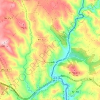 Topografische kaart Quintanilha, hoogte, reliëf