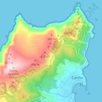 Topografische kaart Cariño, hoogte, reliëf