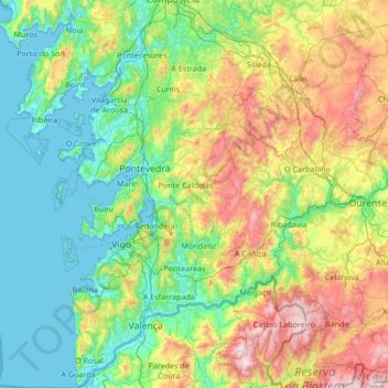 Topografische kaart Pontevedra, hoogte, reliëf