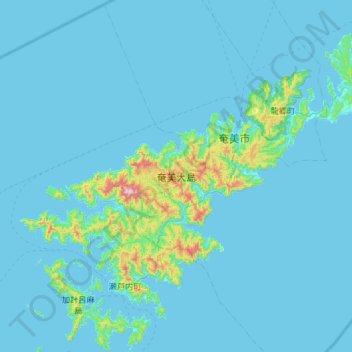 Topografische kaart Amamioshima, hoogte, reliëf