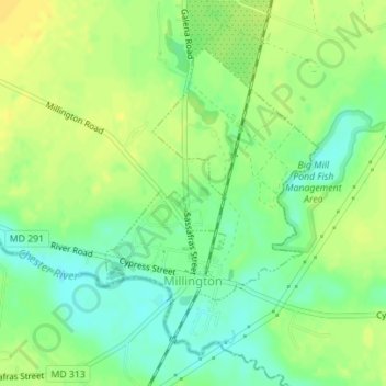 Topografische kaart Millington, hoogte, reliëf