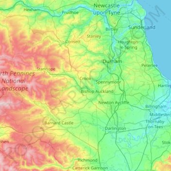 Topografische kaart Durham, hoogte, reliëf
