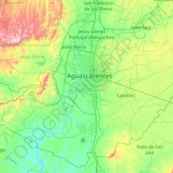 Topografische kaart Aguascalientes, hoogte, reliëf