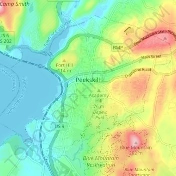 Topografische kaart City of Peekskill, hoogte, reliëf