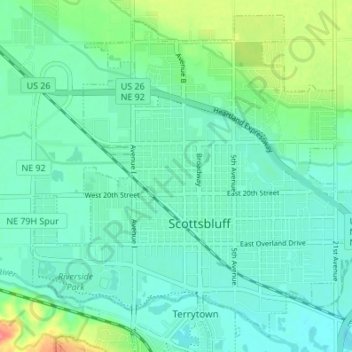 Topografische kaart Scottsbluff, hoogte, reliëf
