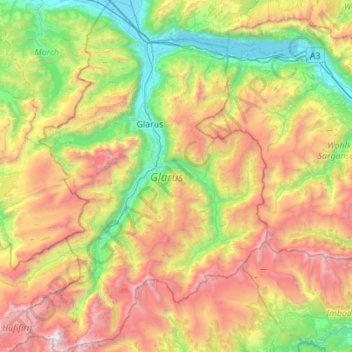 Topografische kaart Glarus, hoogte, reliëf