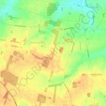 Topografische kaart Raveningham, hoogte, reliëf