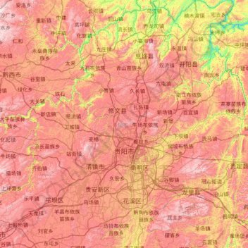 Topografische kaart Guiyang, hoogte, reliëf
