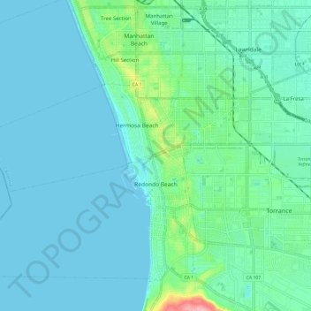 Topografische kaart Redondo Beach, hoogte, reliëf