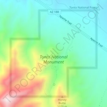Topografische kaart Tonto National Monument, hoogte, reliëf
