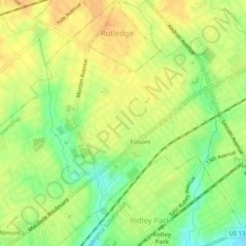 Topografische kaart Folsom, hoogte, reliëf