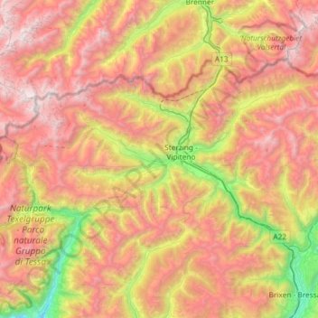 Topografische kaart Wipptal - Alta Vall'Isarco, hoogte, reliëf
