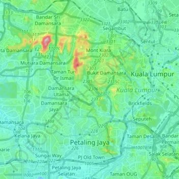 Topografische kaart Petaling Jaya, hoogte, reliëf