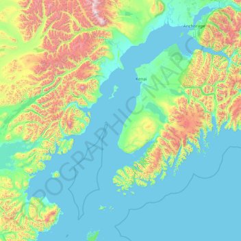 Topografische kaart Kenai Peninsula, hoogte, reliëf