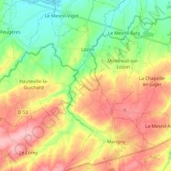 Topografische kaart Marigny-Le-Lozon, hoogte, reliëf