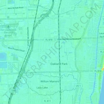 Topografische kaart Oakland Park, hoogte, reliëf