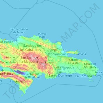 Topografische kaart Dominicaanse Republiek, hoogte, reliëf