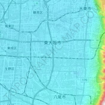 Topografische kaart Higashiosaka, hoogte, reliëf