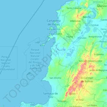 Topografische kaart Cartagena de Indias, hoogte, reliëf