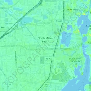 Topografische kaart North Miami Beach, hoogte, reliëf