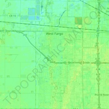 Topografische kaart West Fargo, hoogte, reliëf