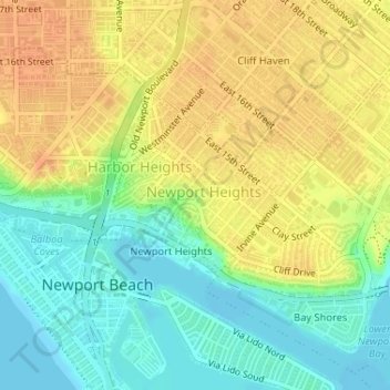 Topografische kaart Newport Heights, hoogte, reliëf