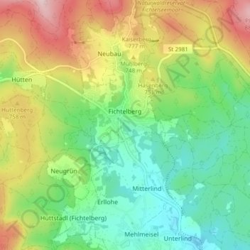 Topografische kaart Fichtelberg, hoogte, reliëf