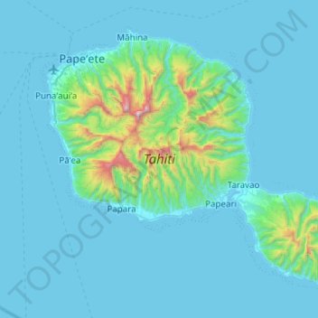 Topografische kaart Tahiti, hoogte, reliëf