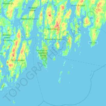 Topografische kaart Boothbay, hoogte, reliëf