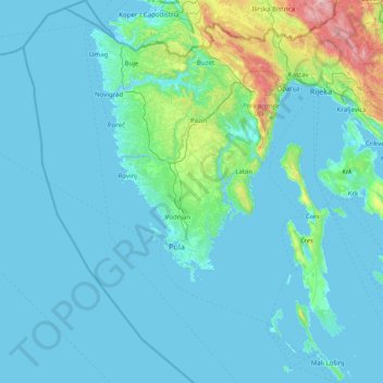 Topografische kaart Istria County, hoogte, reliëf