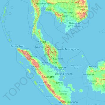 Topografische kaart Maleisië, hoogte, reliëf