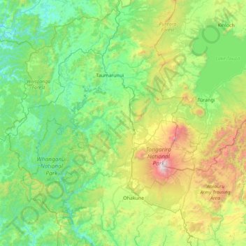 Topografische kaart Ruapehu District, hoogte, reliëf