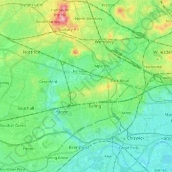 Topografische kaart London Borough of Ealing, hoogte, reliëf