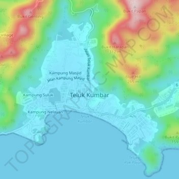 Topografische kaart Teluk Kumbar, hoogte, reliëf