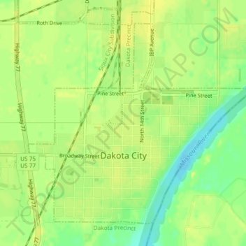 Topografische kaart Dakota City, hoogte, reliëf