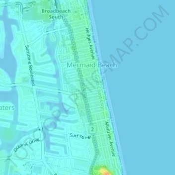 Topografische kaart Mermaid Beach, hoogte, reliëf