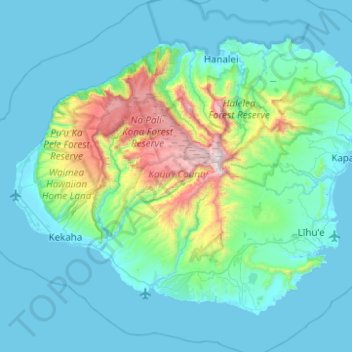 Topografische kaart Kauai, hoogte, reliëf