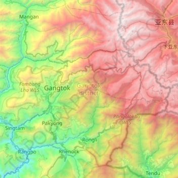 Topografische kaart Gangtok district, hoogte, reliëf
